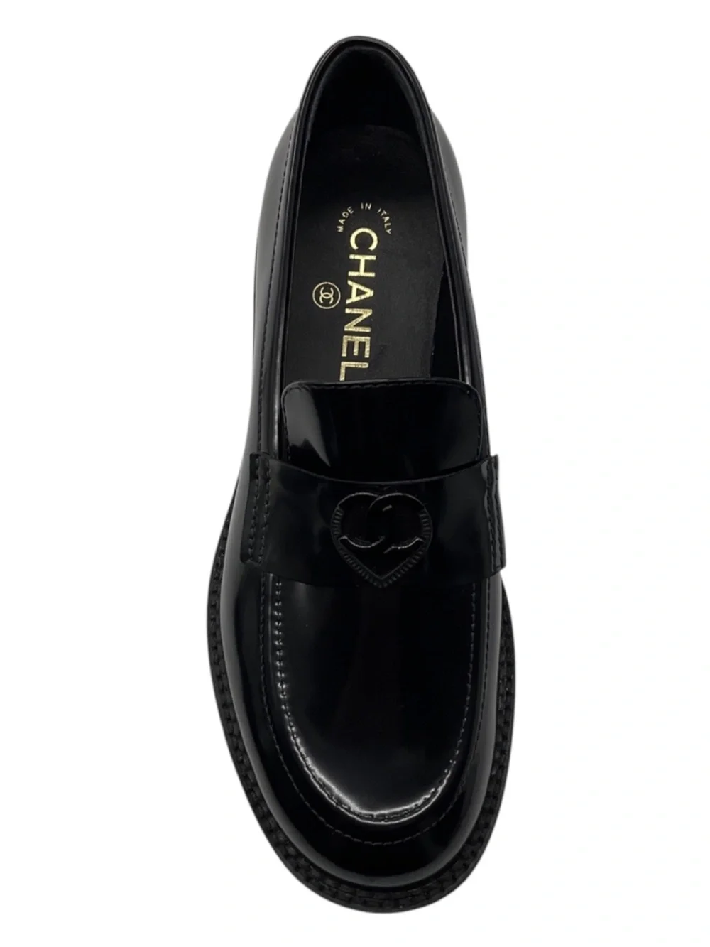 CHANEL BLACK 2024 CC LOGO HEART CLASSIC SHINY CALFSKIN MOCCASINS / LOAFERS